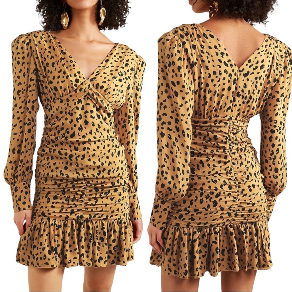 NICHOLAS Brownish/Tan Black 100%Silk Leopard Print Gathered Ruffle Frill Dress 4